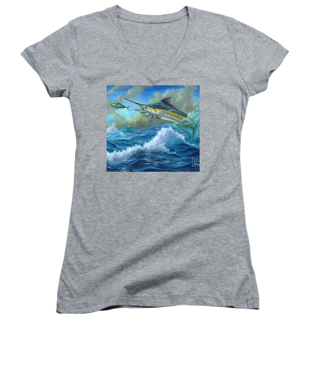 Blue Marlin Women's V-Neck featuring the painting Evening Meal by Terry Fox