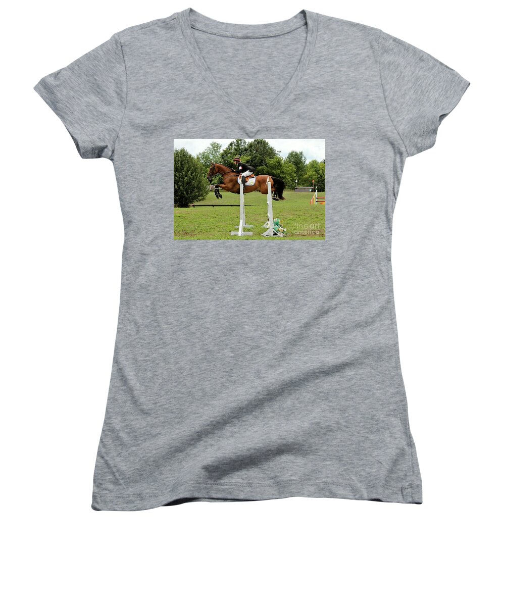 Horse Women's V-Neck featuring the photograph Eventing Jumper by Janice Byer