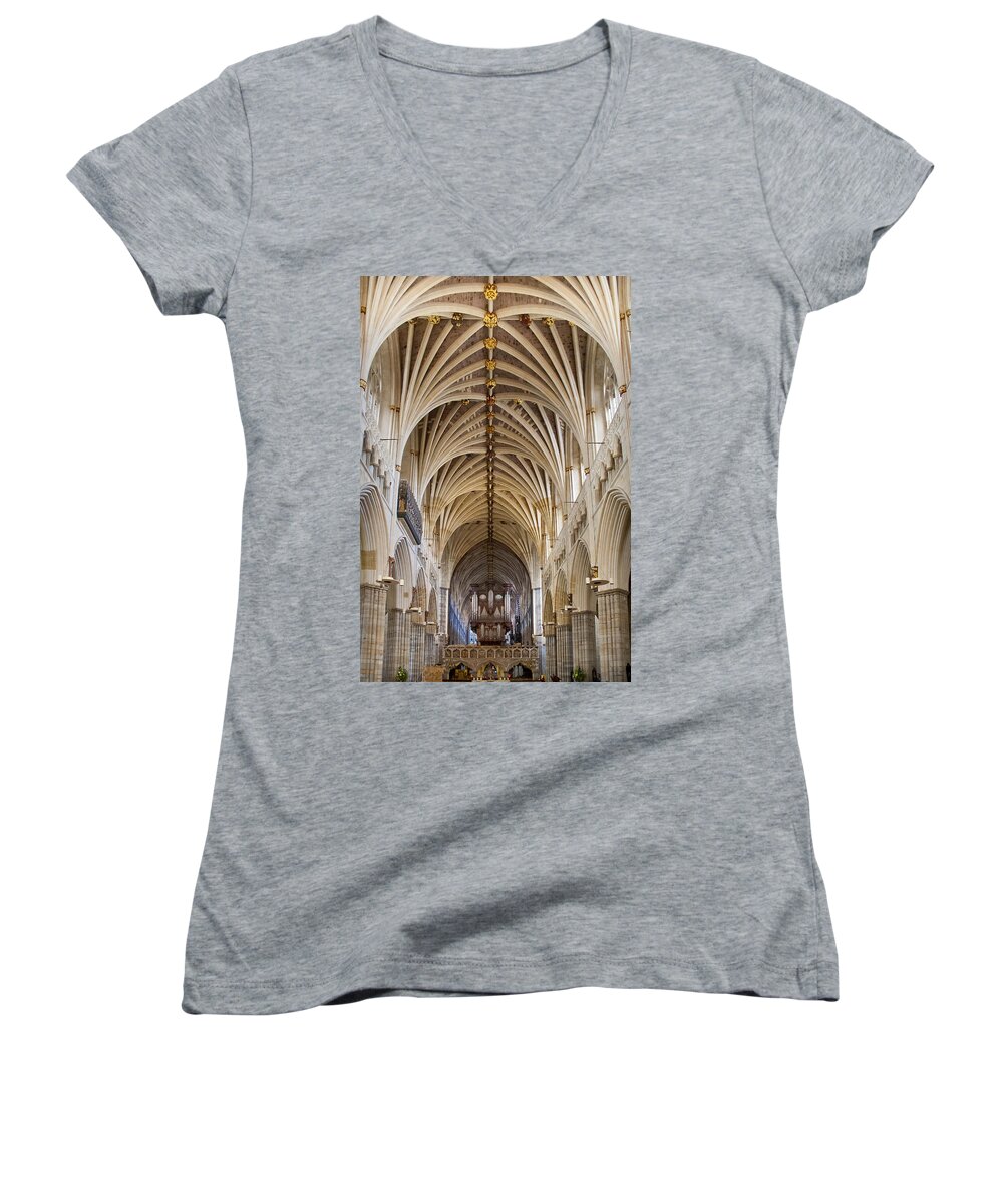 Ceiling Women's V-Neck featuring the photograph Exeter Cathedral and organ by Jenny Setchell