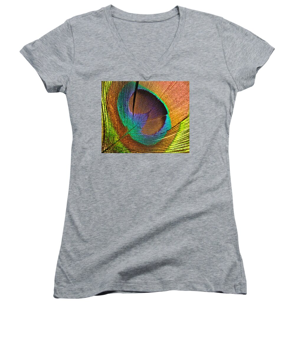 Eye Of The Peacock Women's V-Neck featuring the photograph Eye of the Peacock by Kaye Menner