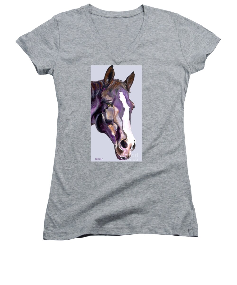 Thoroughbred Women's V-Neck featuring the painting Eye on the Prize by Susan A Becker
