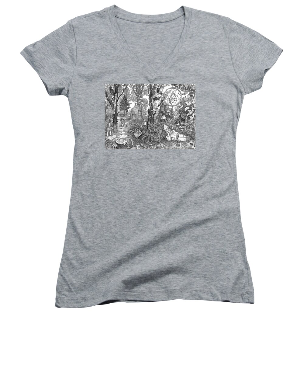 Wilderness Women's V-Neck featuring the drawing Fairy Houses by Bill Perkins
