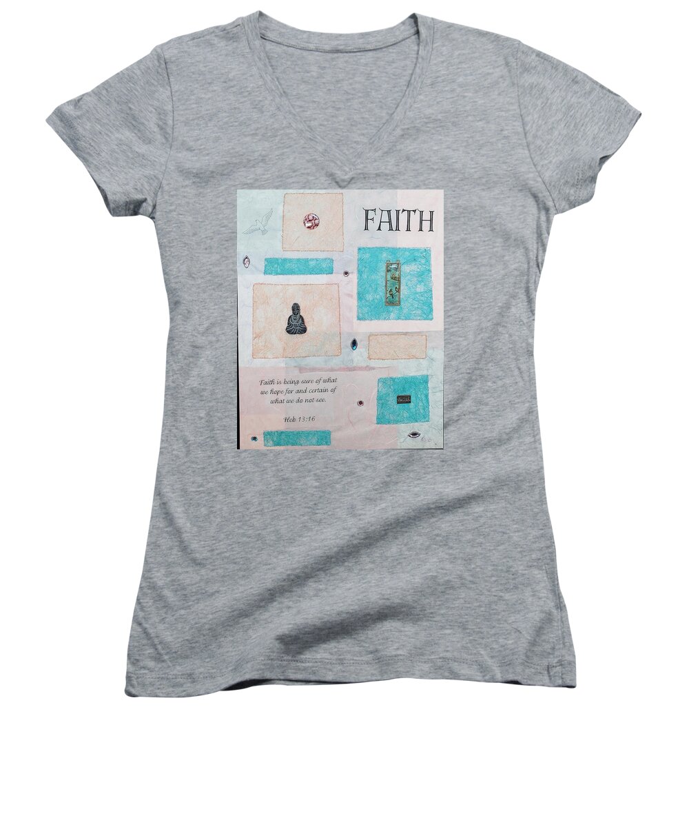 Collage Women's V-Neck featuring the painting Faith by Karen Buford