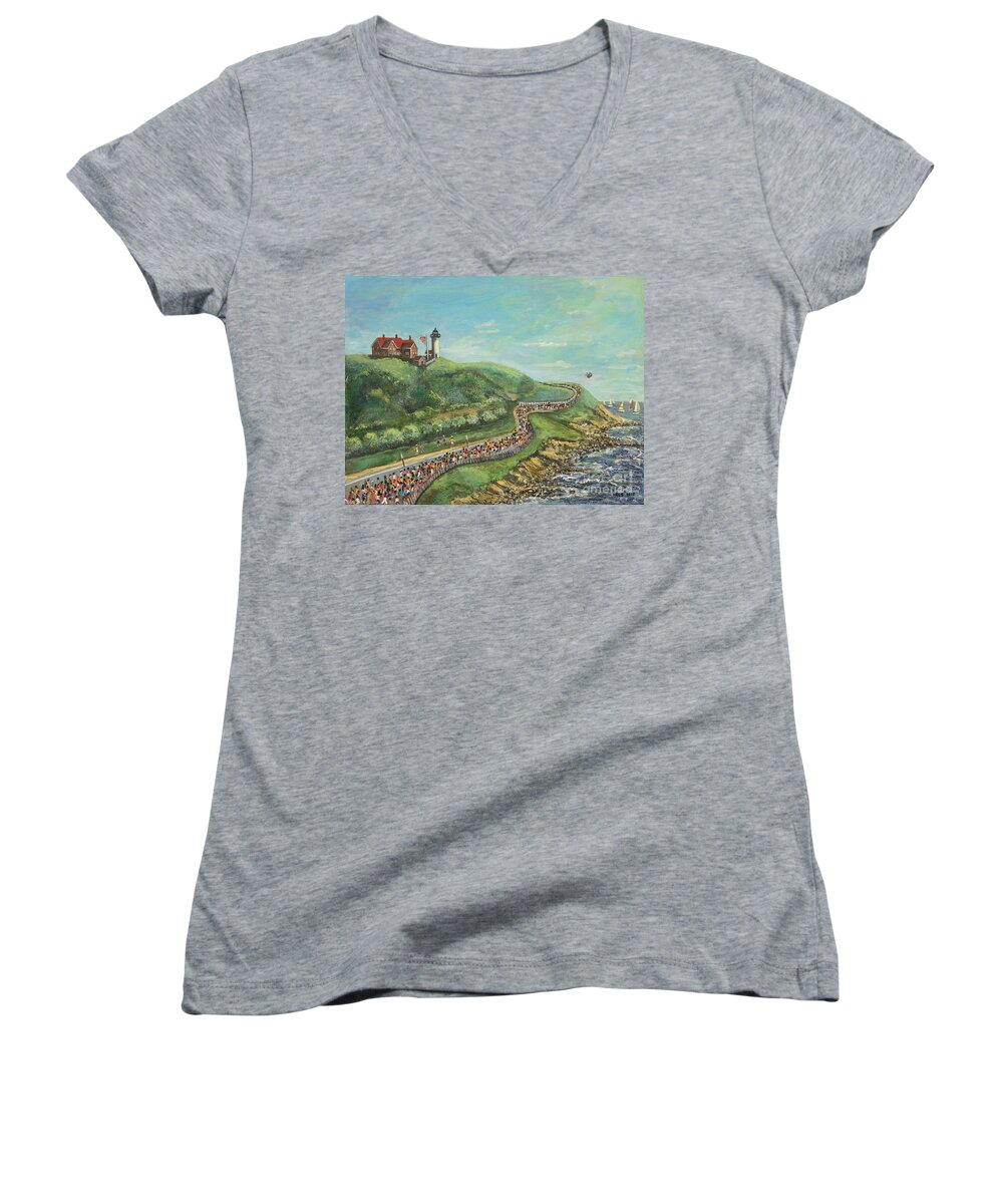 Falmouth Women's V-Neck featuring the painting Falmouth Road Race by Rita Brown