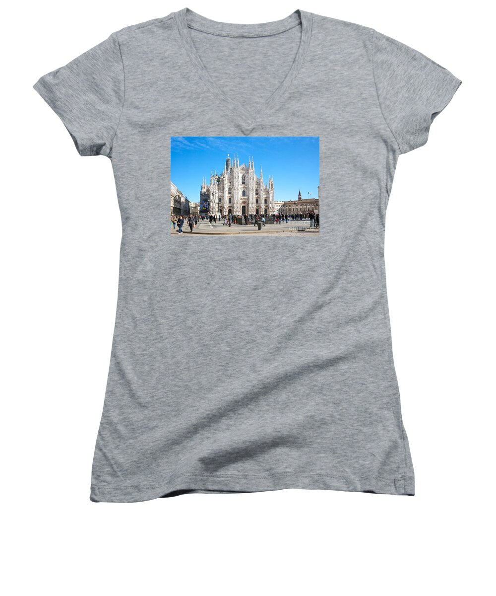 Duomo Women's V-Neck featuring the photograph Famous Piazza del Duomo - Milan - Italy by Matteo Colombo