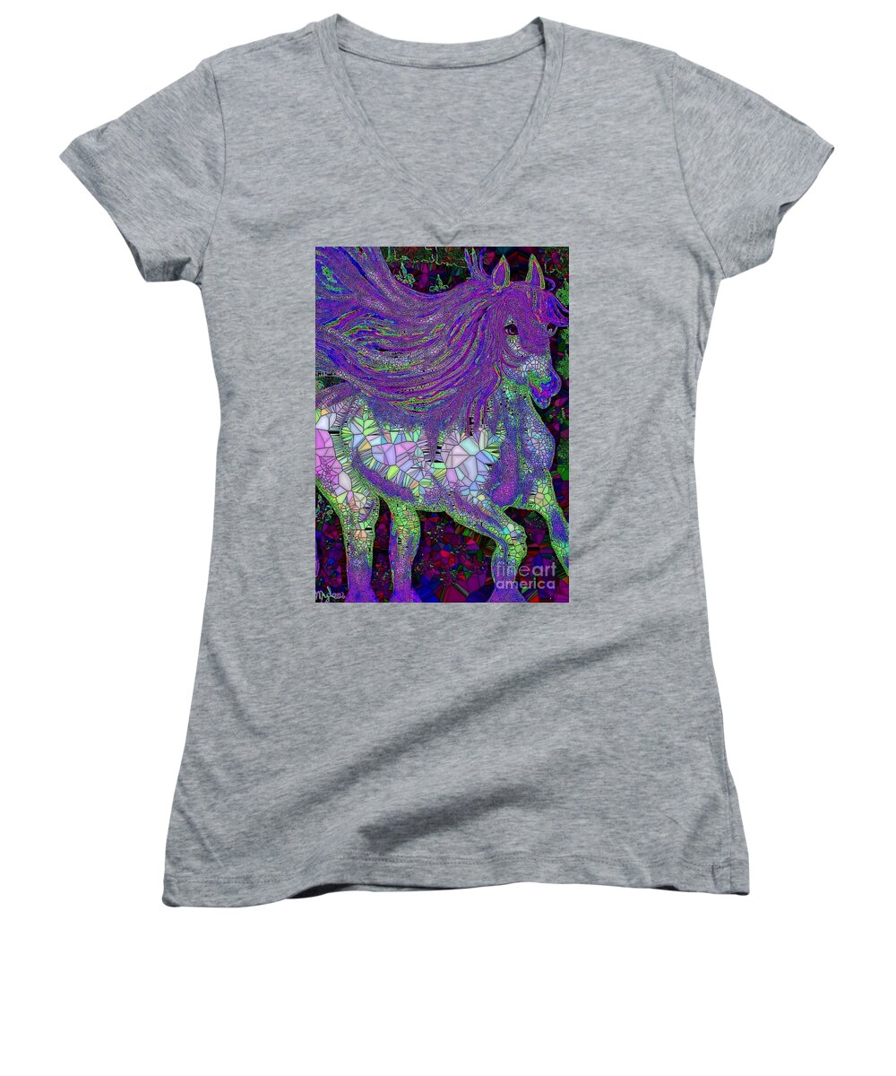 Horse Women's V-Neck featuring the painting Fantasy Horse Purple Mosaic by Saundra Myles
