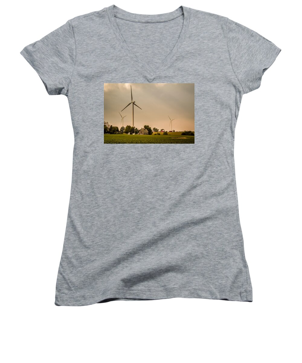 Alternative Energy Women's V-Neck featuring the photograph Farms and Windmills by Ron Pate