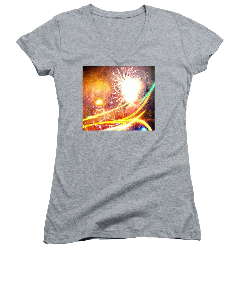 Fireworks Women's V-Neck featuring the photograph Fireworks as a painting by Karl Rose