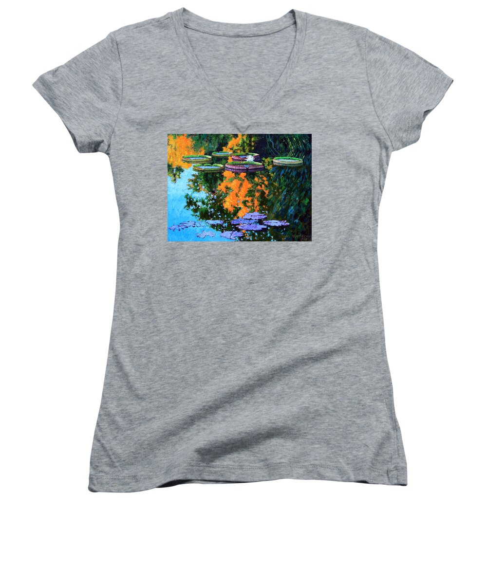 Garden Pond Women's V-Neck featuring the painting First Signs of Fall by John Lautermilch