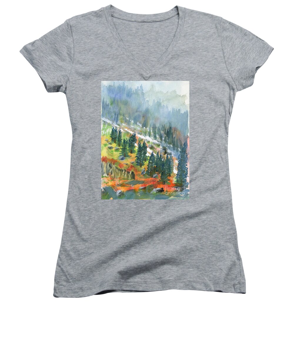 Mountains Women's V-Neck featuring the painting First Snow by Walt Brodis