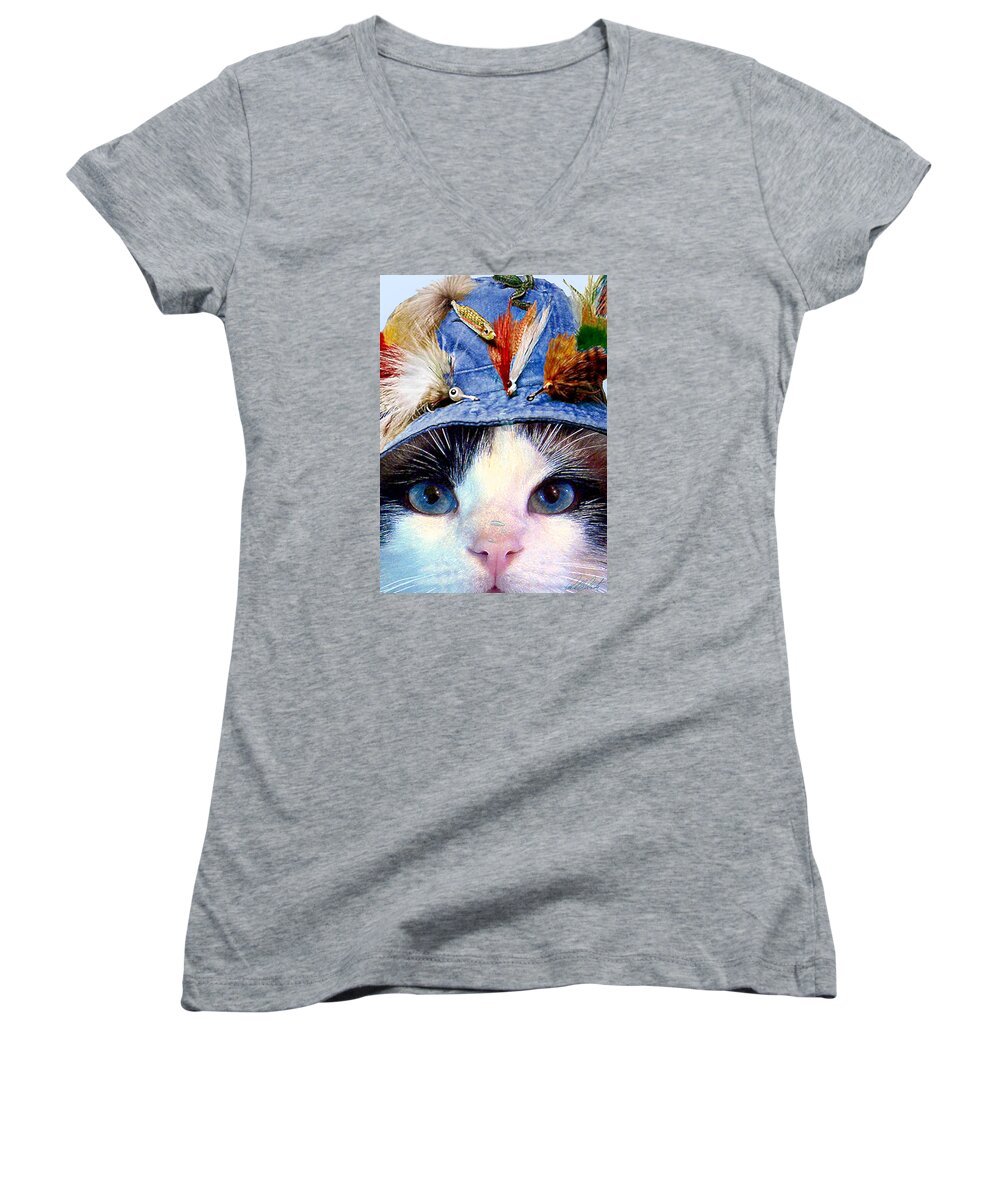 Cat Women's V-Neck featuring the mixed media Fisher Cat by Michele Avanti