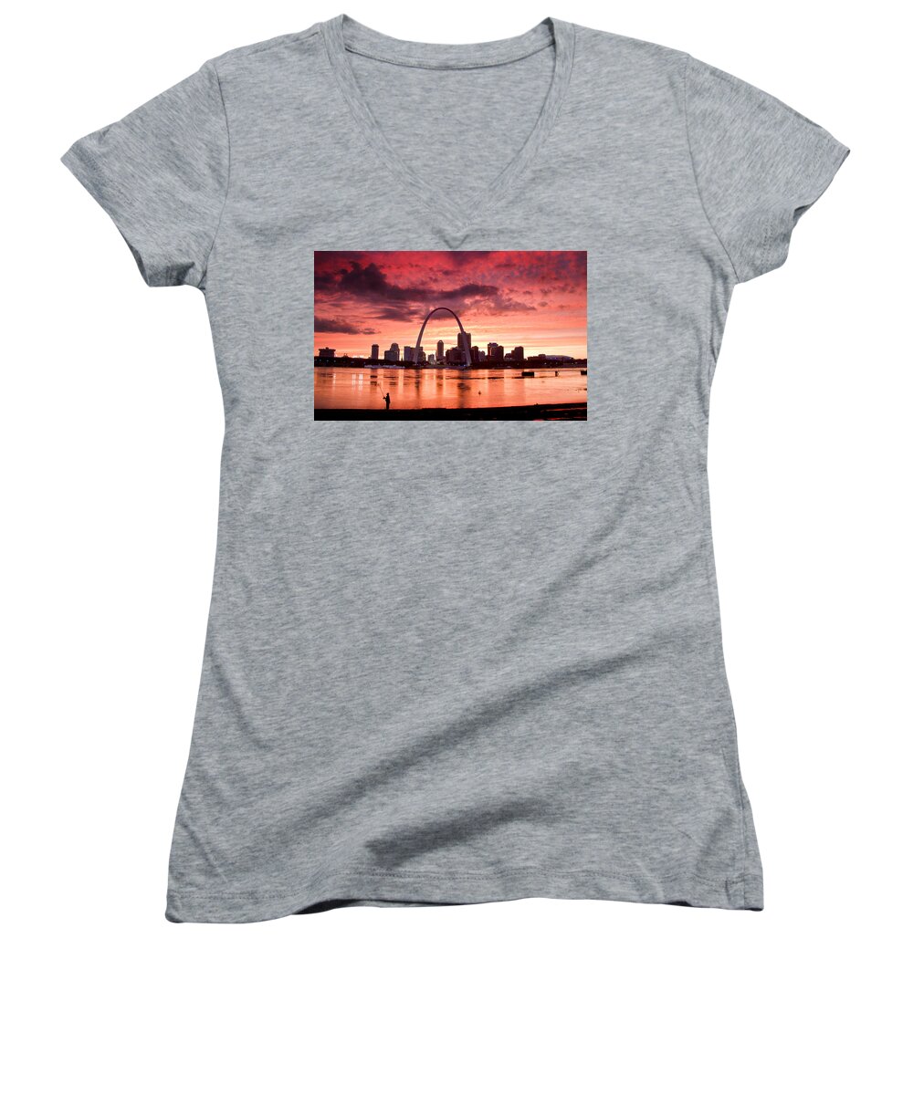 St. Louis Women's V-Neck featuring the photograph Fishing the Mississippi in St Louis by Garry McMichael