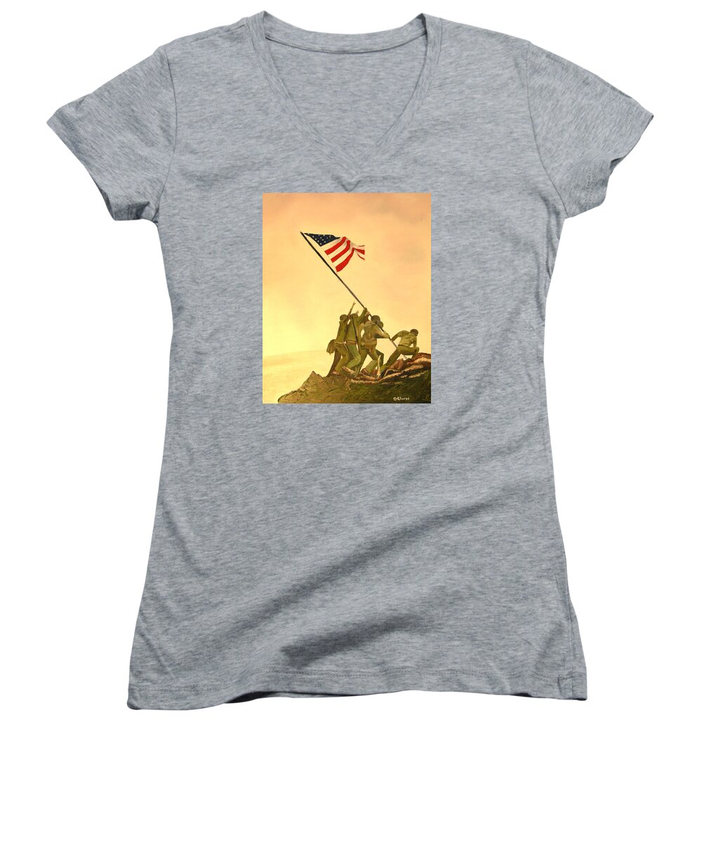 Marines Women's V-Neck featuring the painting Flag Raising at Iwo Jima by Dean Glorso