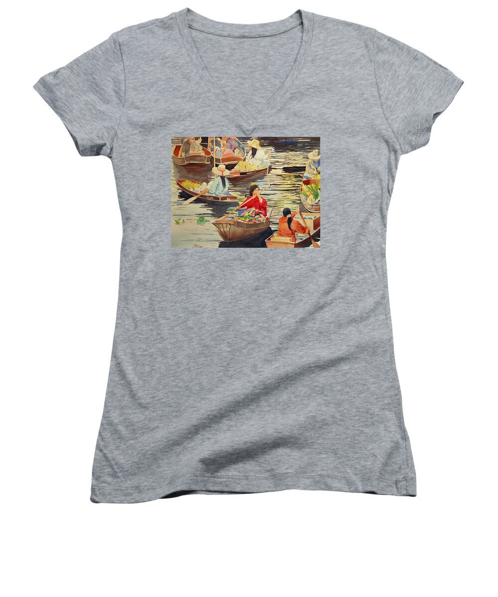 Thailand Women's V-Neck featuring the painting Floating Market by Terry Holliday