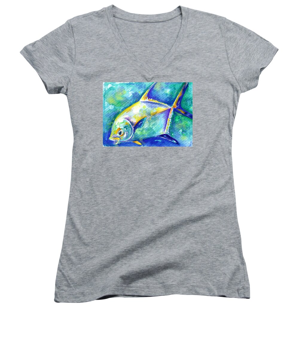 Saltwater Fish Women's V-Neck featuring the painting Florida Keys Permit by Ashley Kujan
