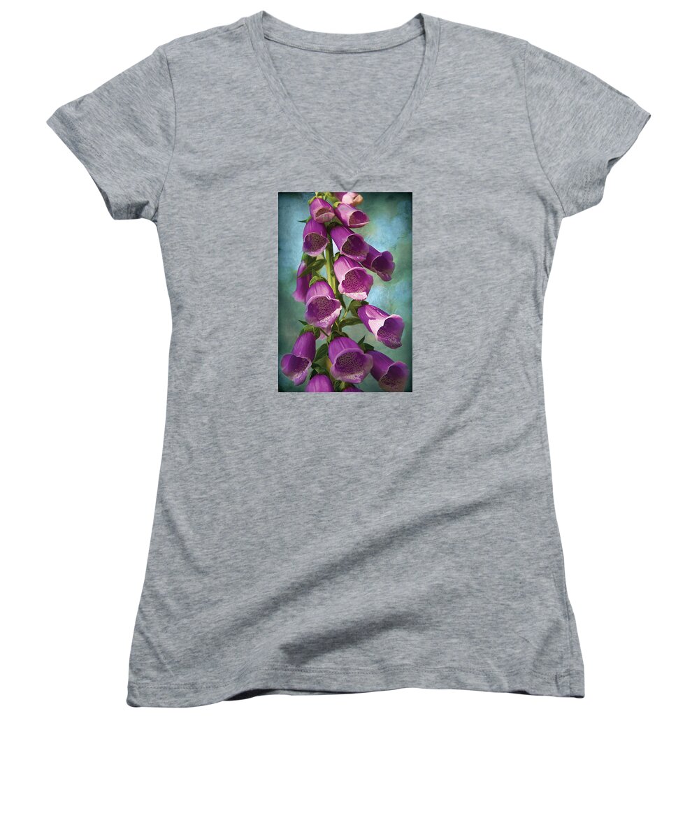 Flower Image Print Women's V-Neck featuring the photograph Foxglove On Blue by David Davies