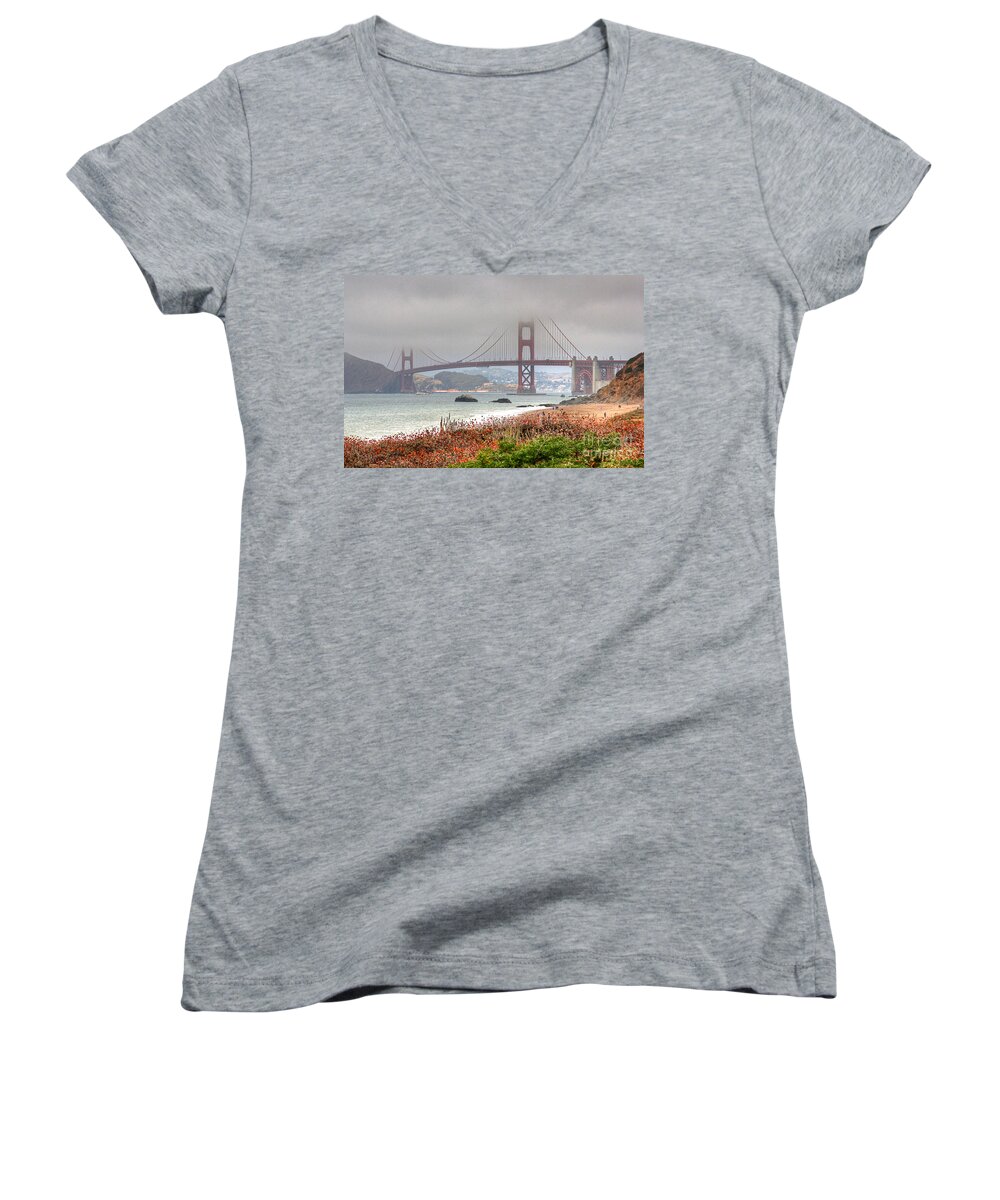 Kate Brown Women's V-Neck featuring the photograph Foggy Bridge by Kate Brown