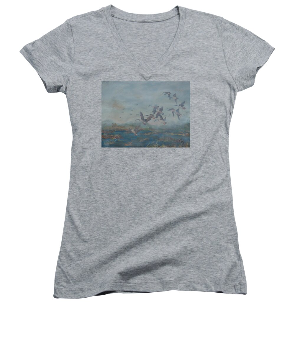 #wildlife Prints Women's V-Neck featuring the painting Foggy Morning by Gail Daley