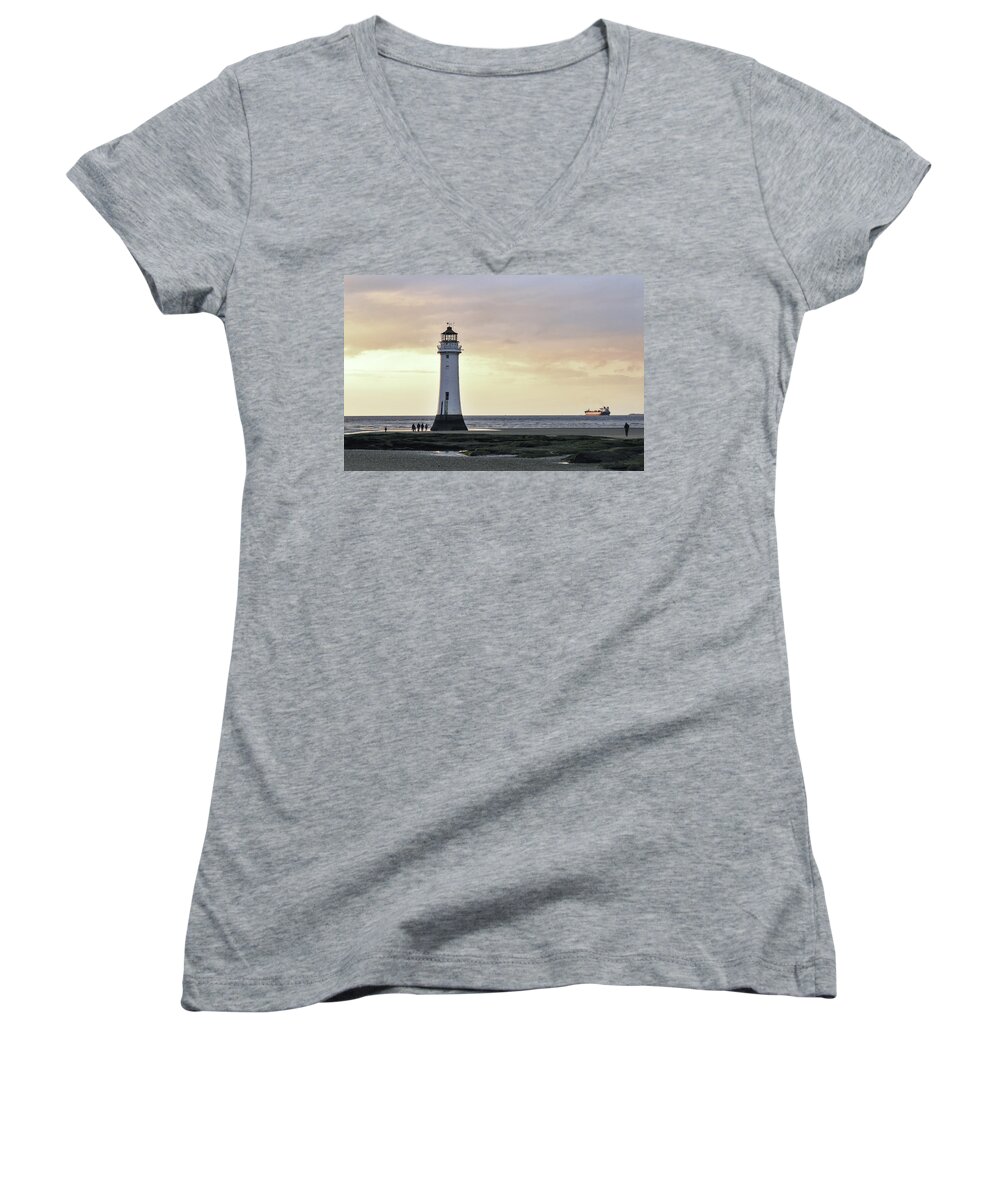 Lighthouse Women's V-Neck featuring the photograph Fort Perch Lighthouse and ship by Spikey Mouse Photography