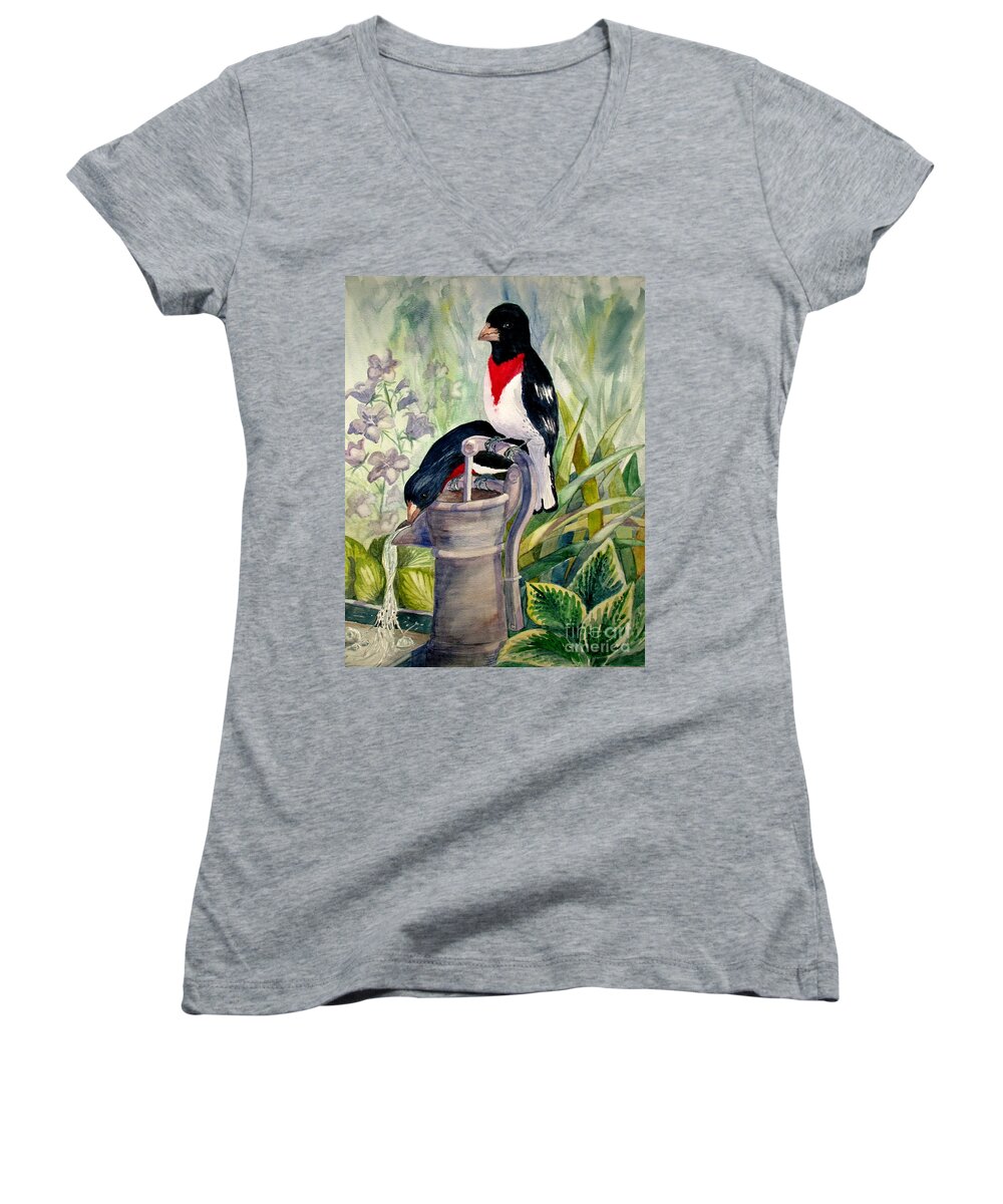 Birds Women's V-Neck featuring the painting Fountain Drink by Marilyn Smith