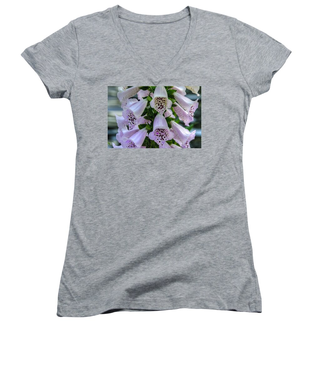 Beautiful Women's V-Neck featuring the photograph Foxglove at Waters Edge by Penny Lisowski