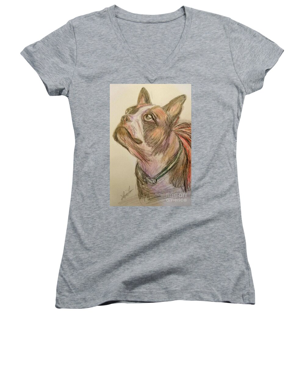 Animal Women's V-Neck featuring the drawing French Bull Dog by Lyric Lucas
