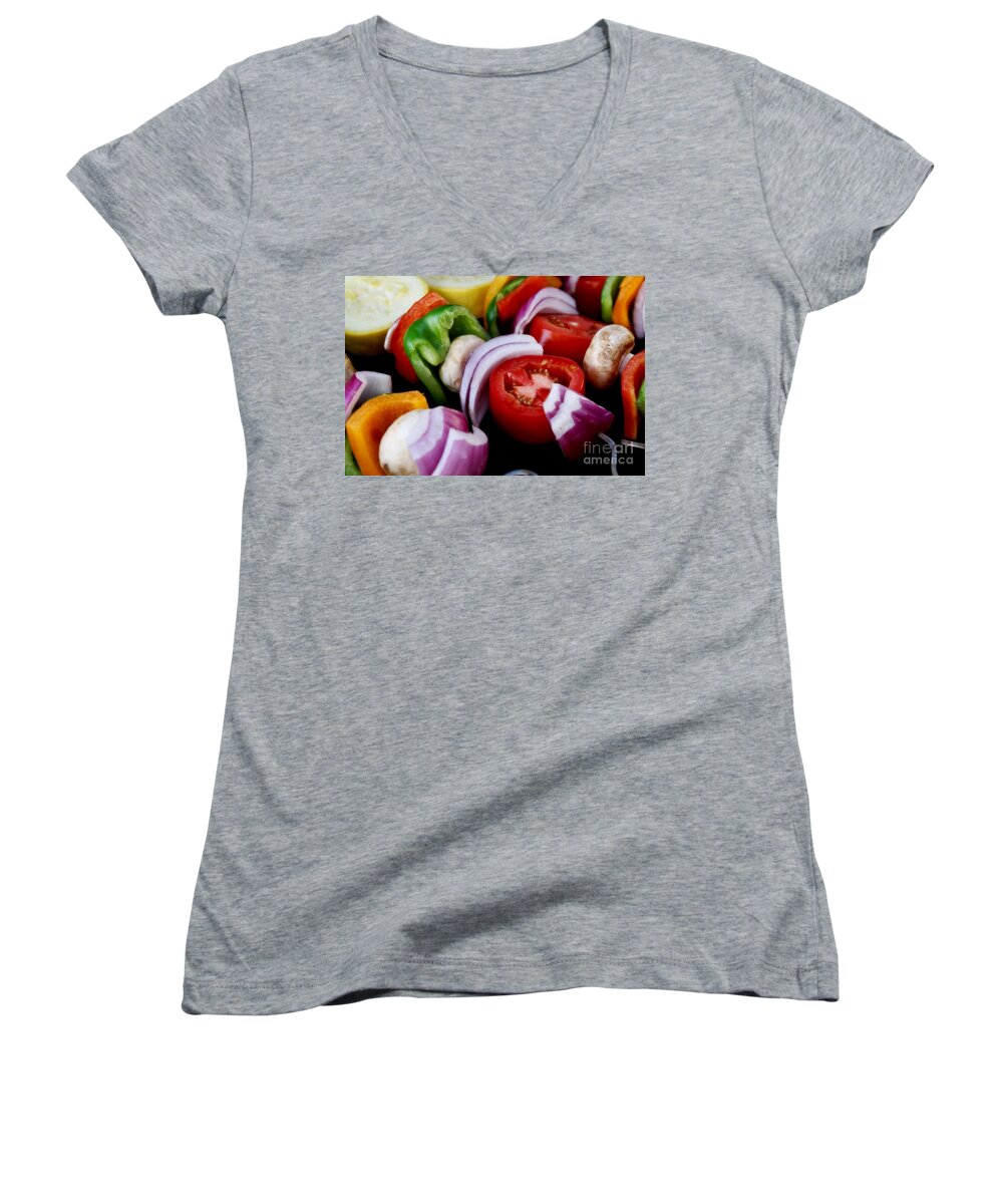 Fresh Women's V-Neck featuring the photograph Fresh Veggie Kabobs On The Grill by Peggy Hughes