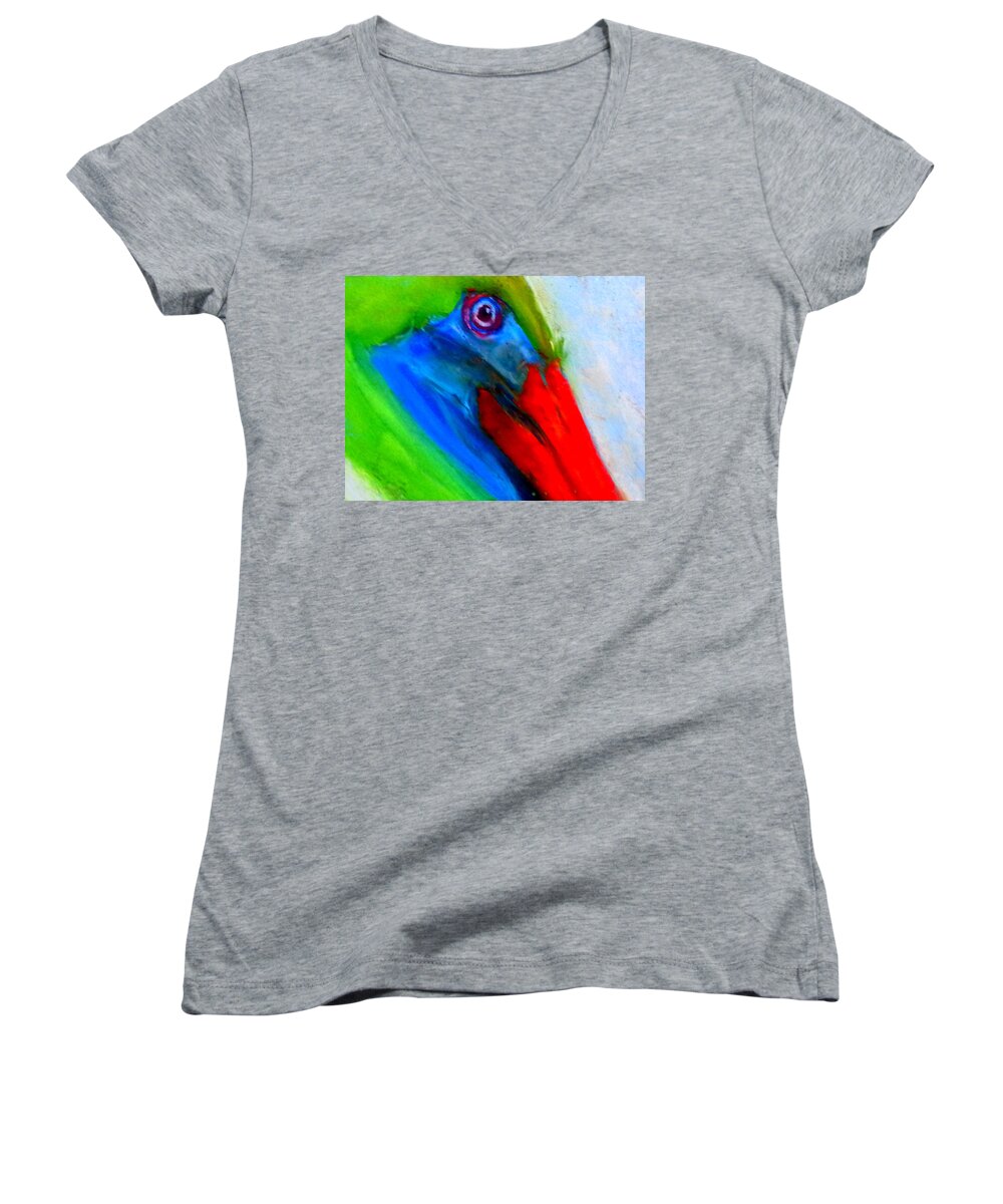 Pelicans Women's V-Neck featuring the painting Funky Colorful Pelican Art Prints by Sue Jacobi