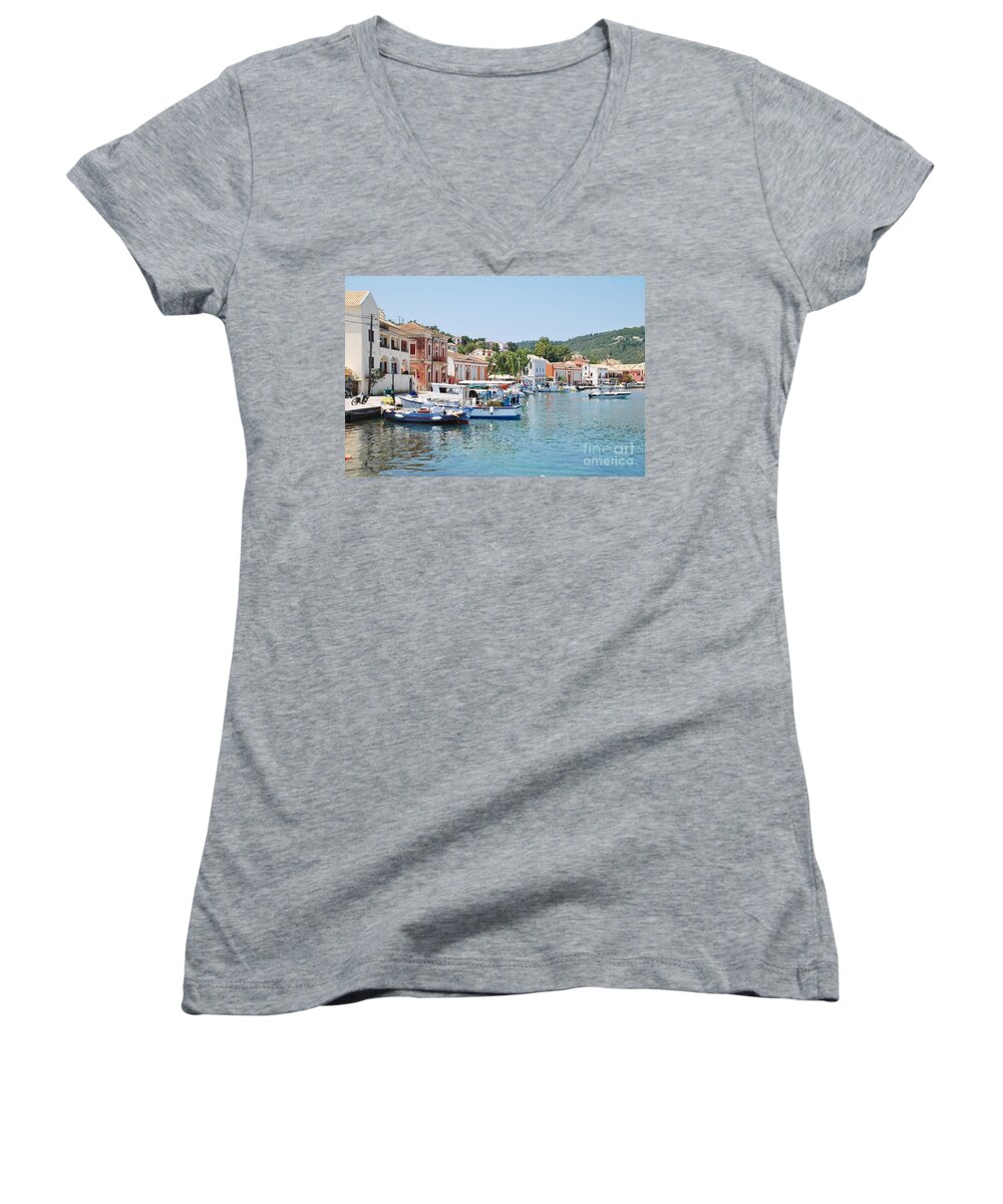 Paxos Women's V-Neck featuring the photograph Gaios harbour on Paxos by David Fowler