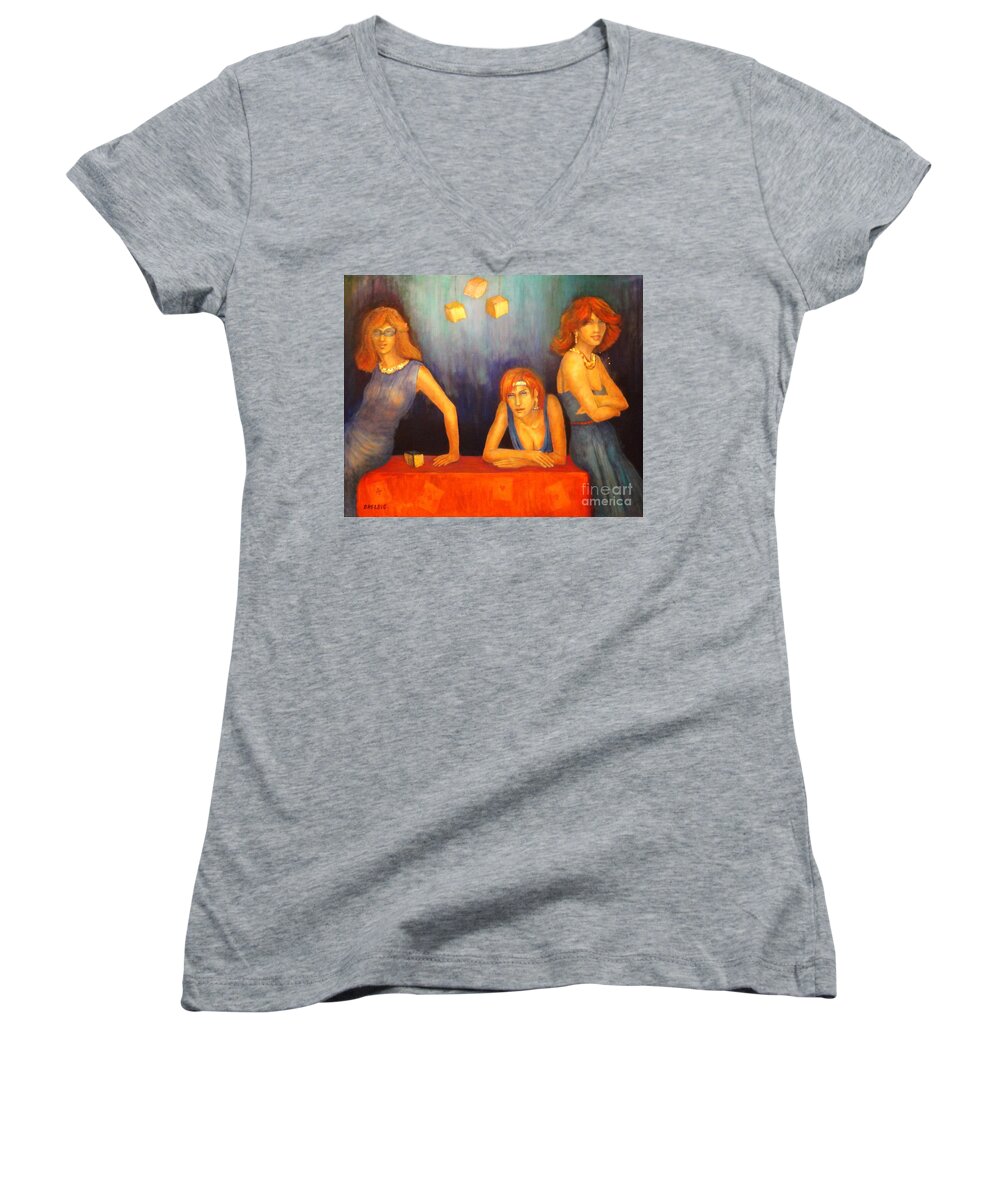 Lady Painting Women's V-Neck featuring the painting Game Table by Dagmar Helbig