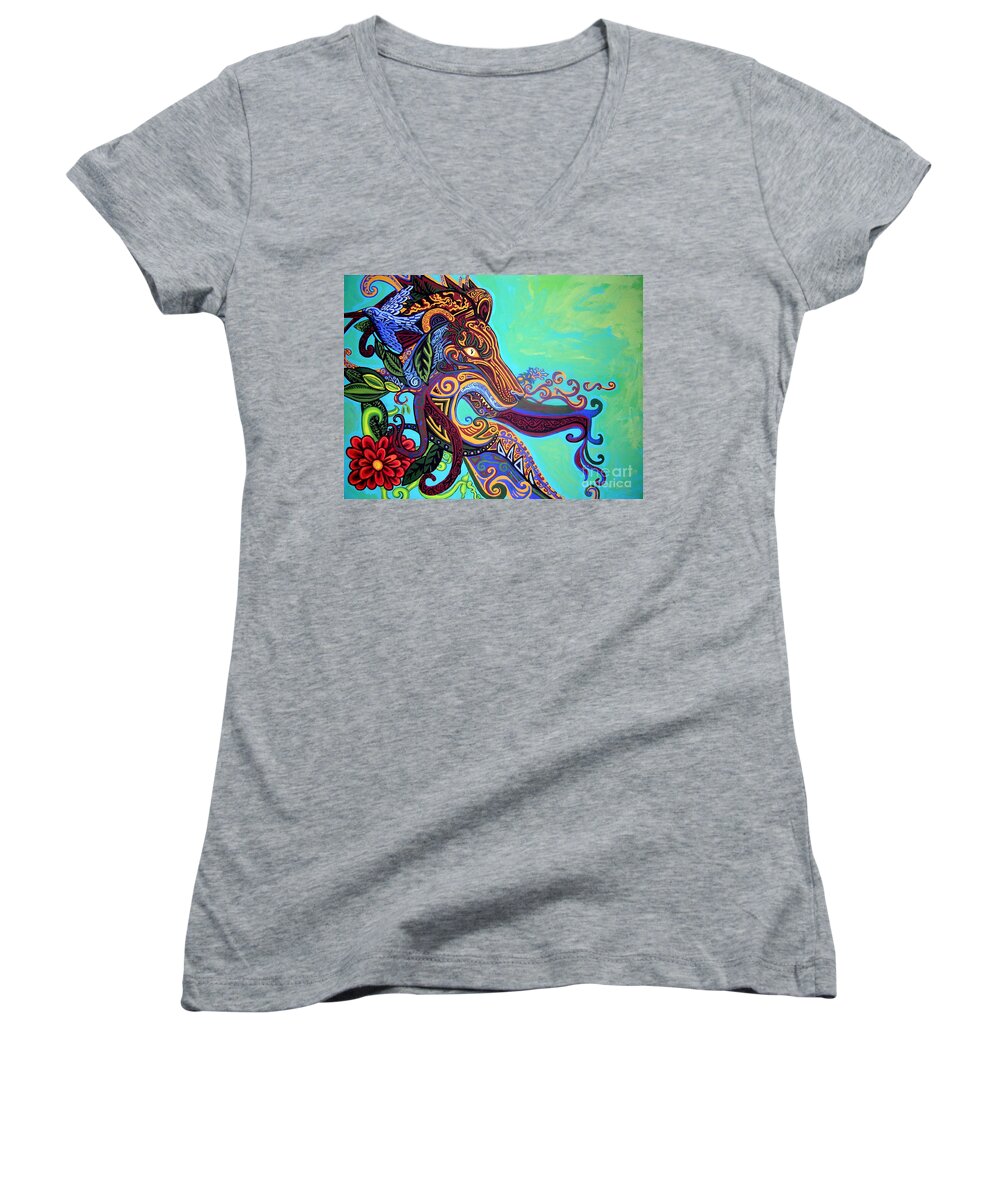 Lion Women's V-Neck featuring the painting Gargoyle Lion 3 by Genevieve Esson