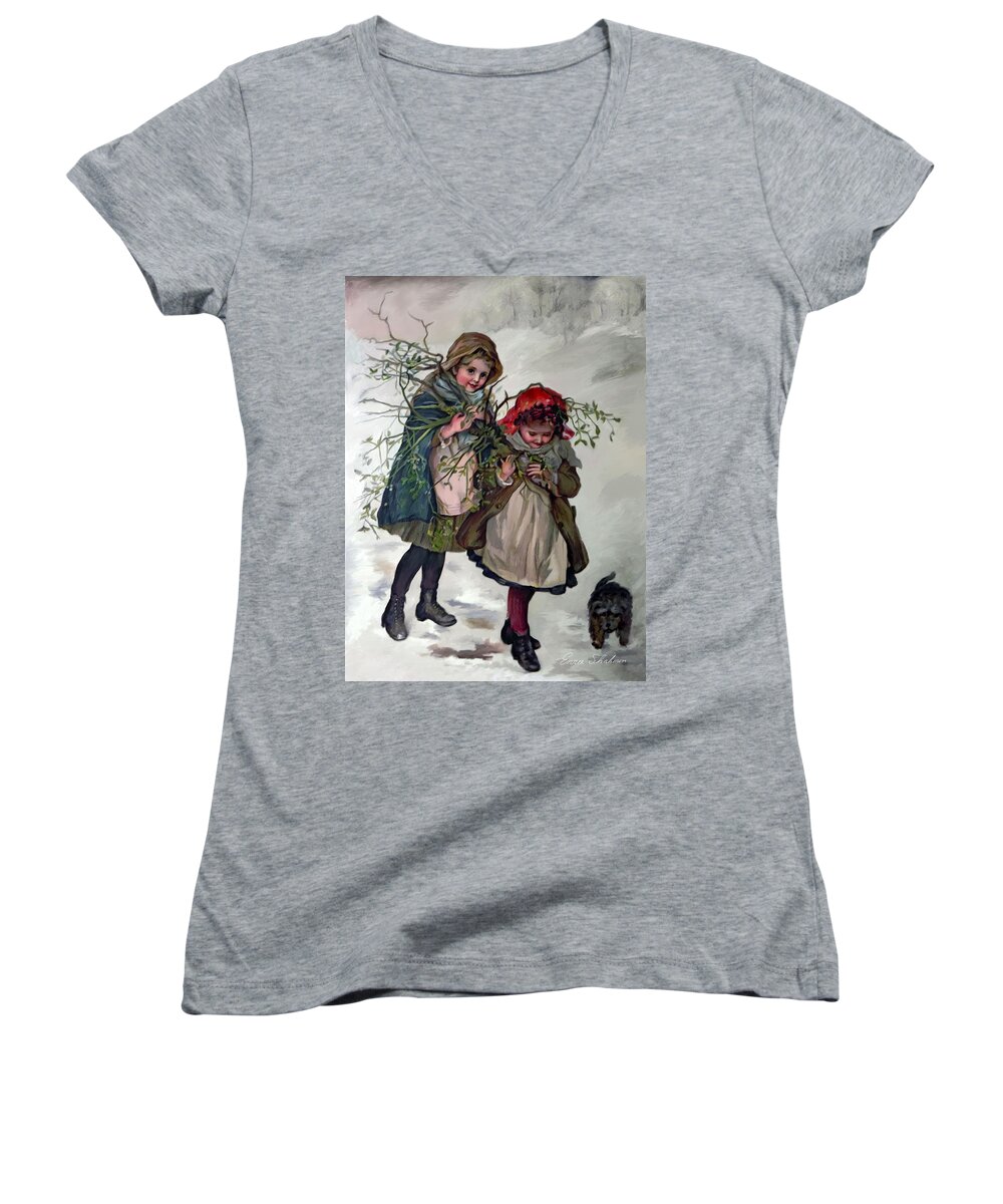 Mistletoe Women's V-Neck featuring the painting Gathering Mistletoe by Portraits By NC
