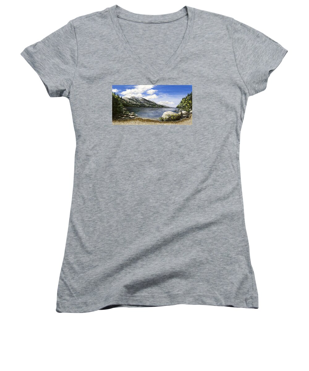 Landscape Women's V-Neck featuring the painting Gathering Moss by Mary Palmer