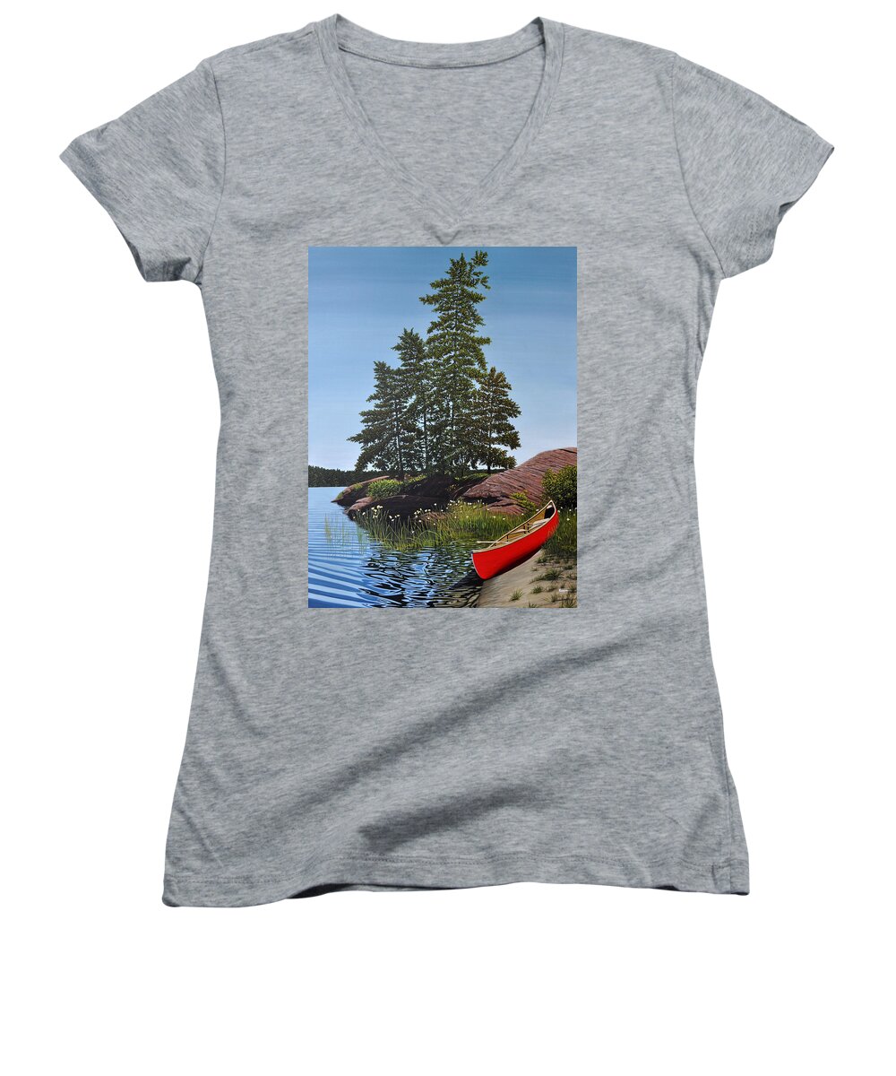 Landscapes Women's V-Neck featuring the painting Georgian Bay Beached Canoe by Kenneth M Kirsch
