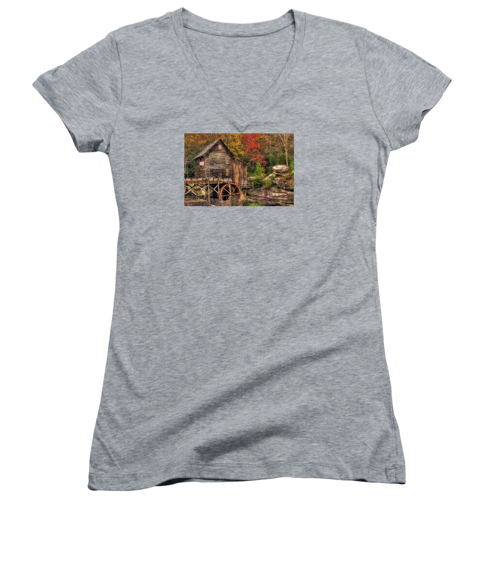 West Virginia Women's V-Neck featuring the photograph Glade Creek Grist Mill-1A Babcock State Park WV Autumn Late Afternoon by Michael Mazaika