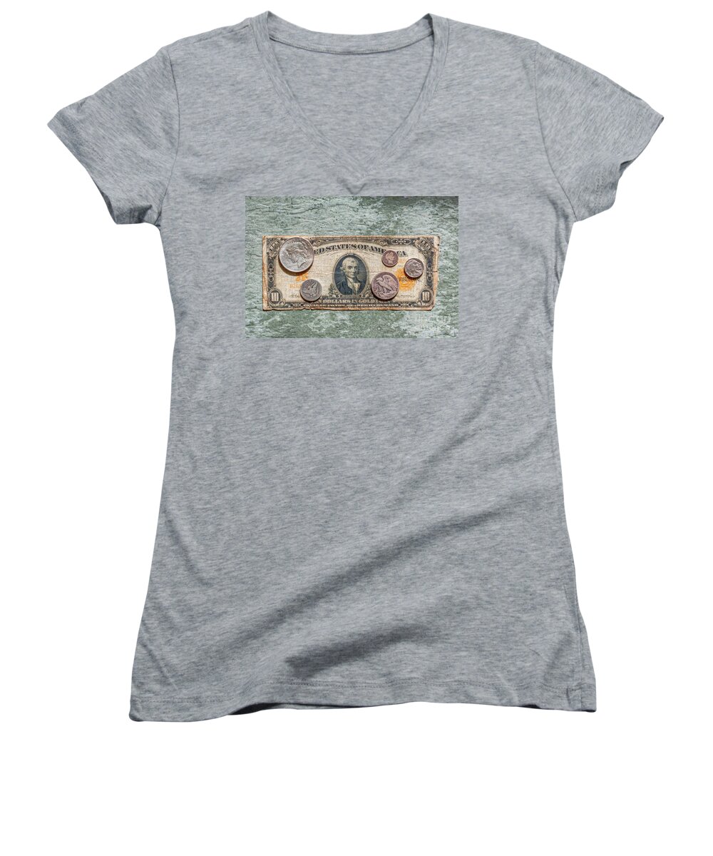 Gold Certificate And Silver Coins Women's V-Neck featuring the photograph Gold Certificate and Silver Coins Ver 1 by Randy Steele