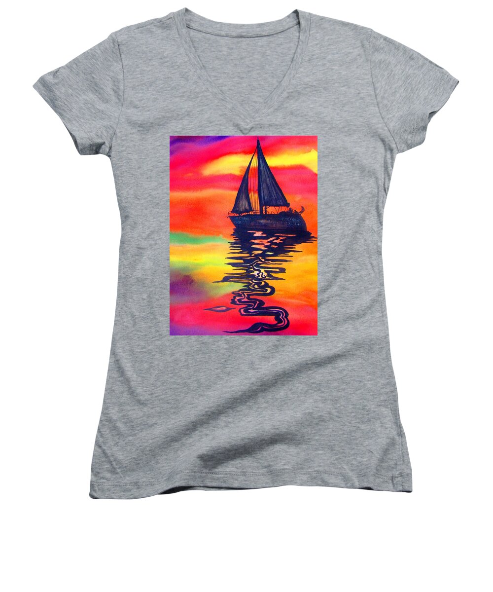 Sailing Women's V-Neck featuring the painting Golden Dreams by Lil Taylor