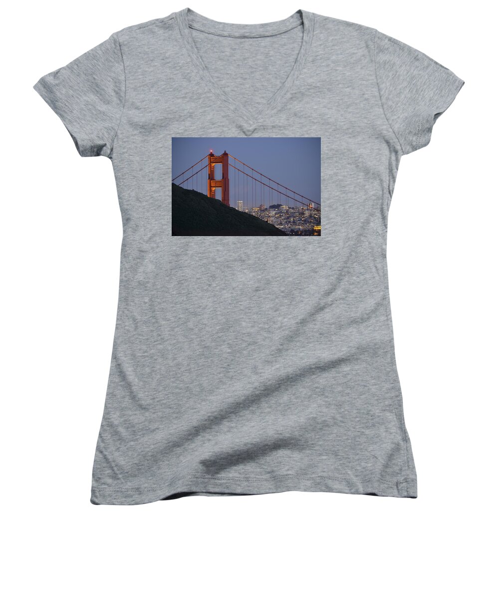  Women's V-Neck featuring the photograph Golden Gate Bridge at Dusk by Alex King