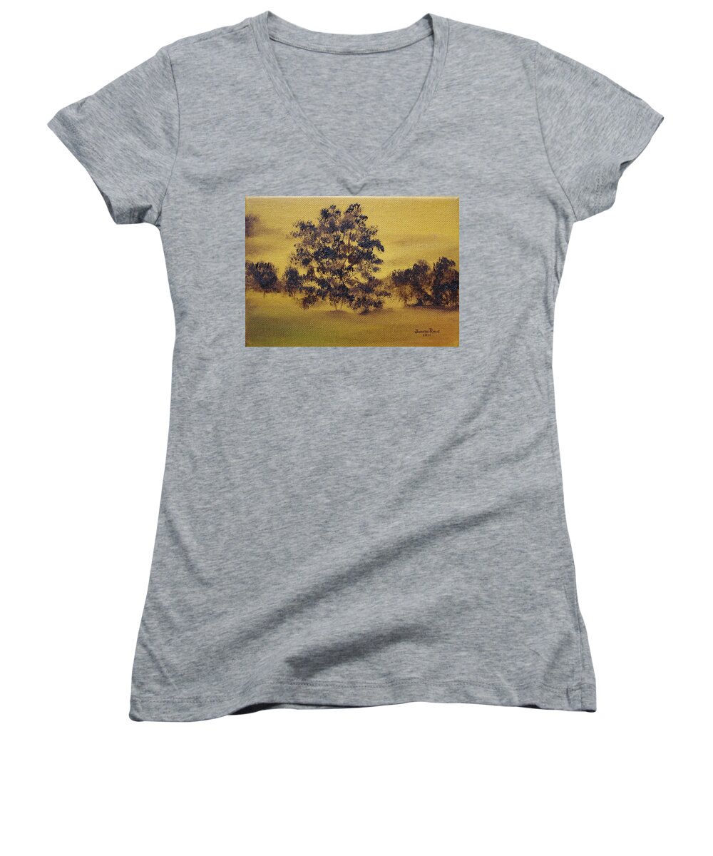 Landscape Women's V-Neck featuring the painting Golden Landscape by Judith Rhue