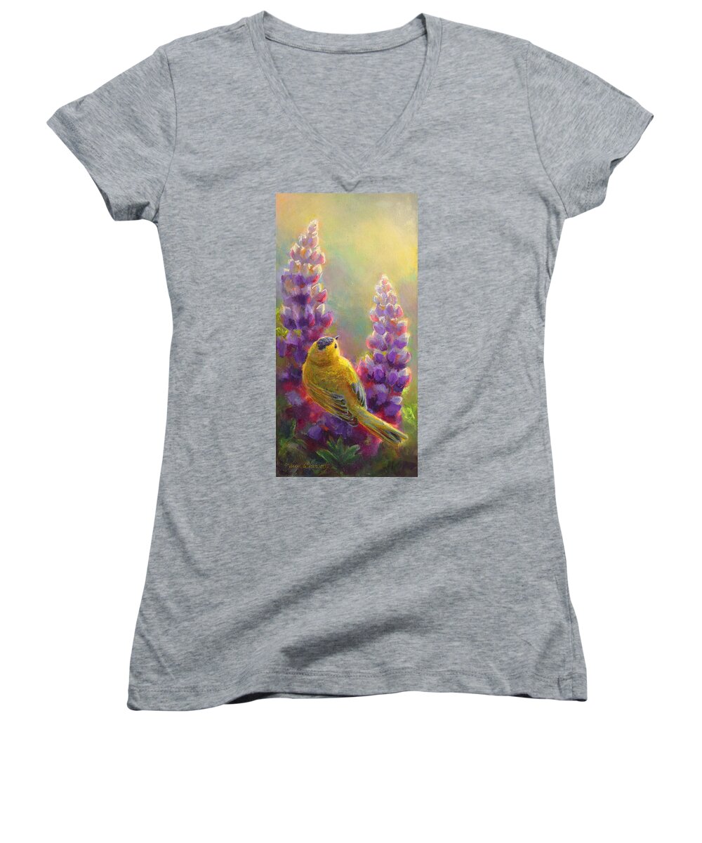 Golden Light 2 Women's V-Neck featuring the painting Golden Light 1 Wilsons Warbler and Lupine by K Whitworth
