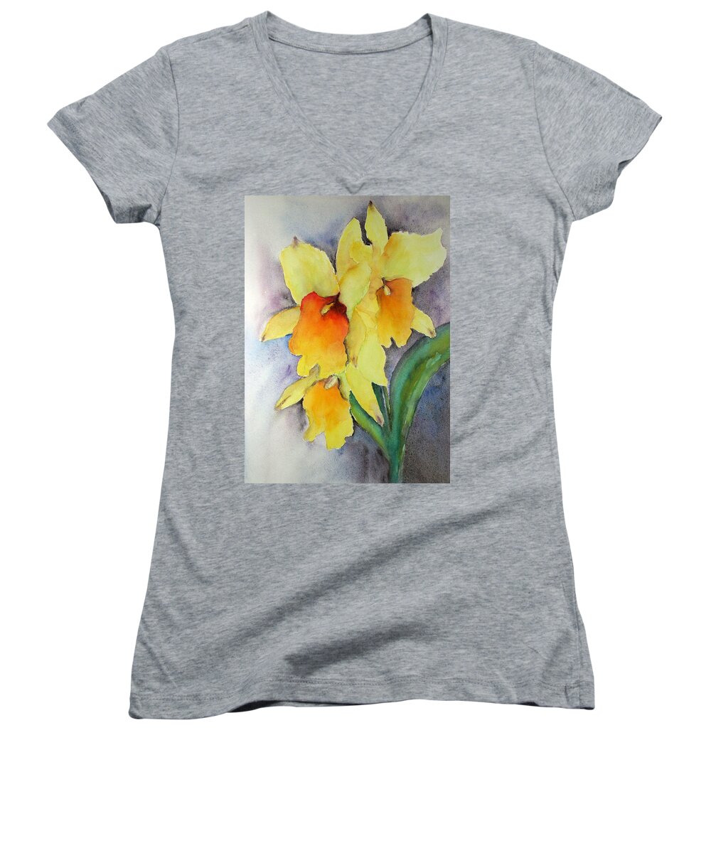 Orchids Women's V-Neck featuring the painting Golden Spike by Patricia Beebe
