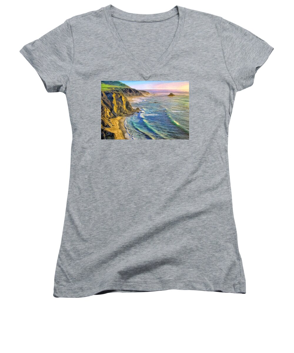 Sunset Women's V-Neck featuring the painting Golden Sunset at Big Sur by Dominic Piperata