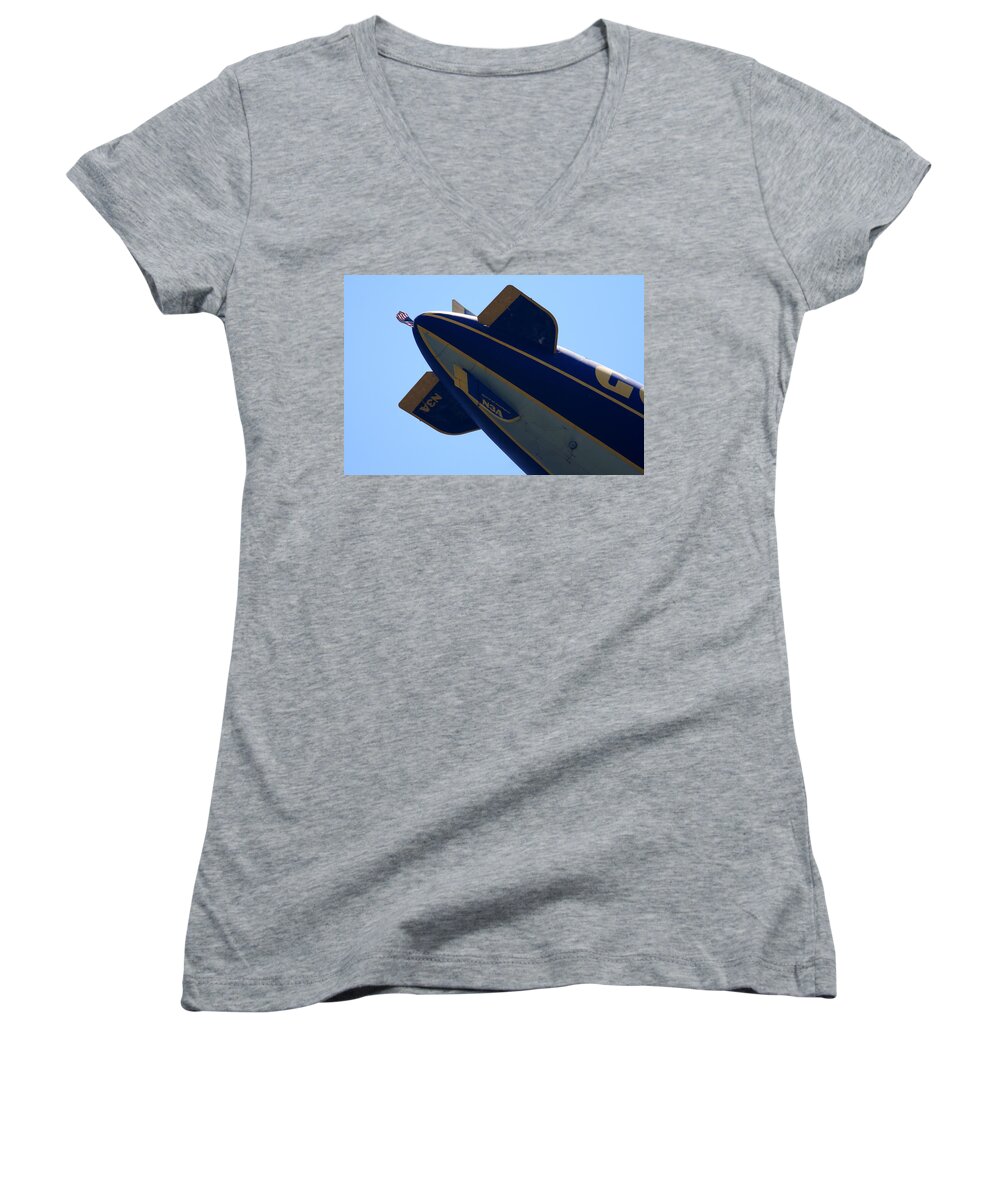Goodyear Women's V-Neck featuring the photograph Good Year Blimp N3A by David Dufresne