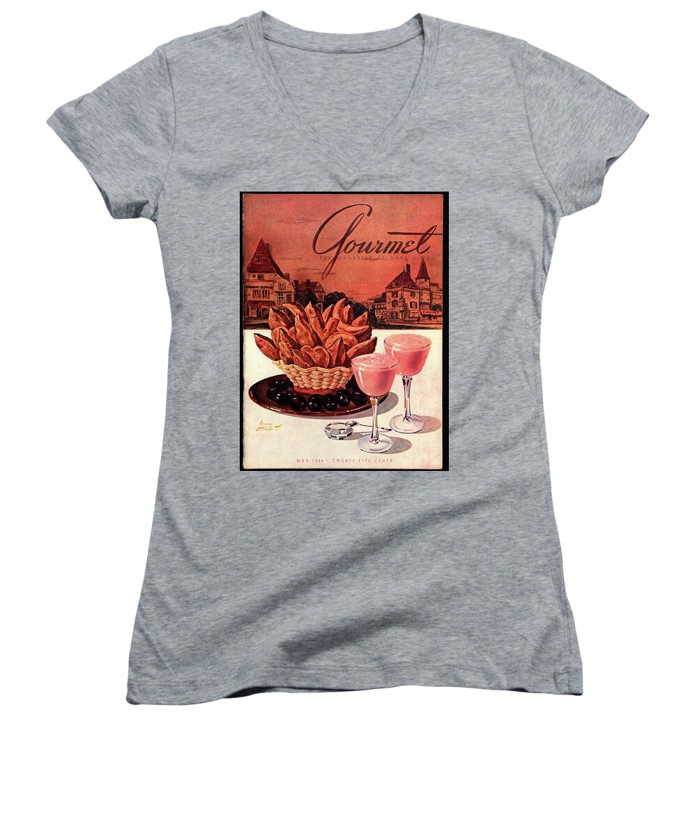 Food Women's V-Neck featuring the photograph Gourmet Cover Featuring A Basket Of Potato Curls by Henry Stahlhut