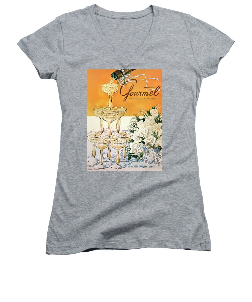 Entertainment Women's V-Neck featuring the photograph Gourmet Cover Featuring A Pyramid Of Champagne by Henry Stahlhut