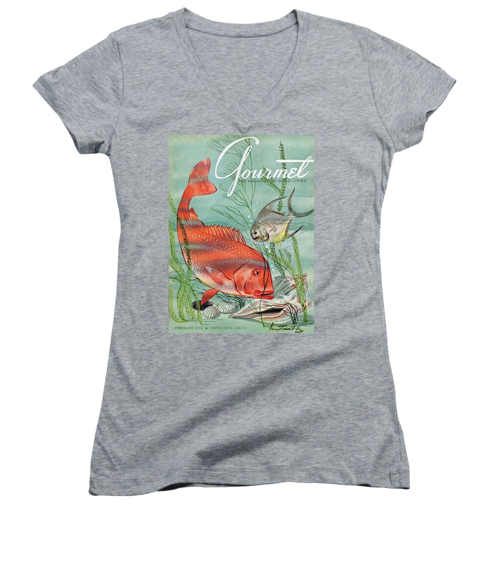 Illustration Women's V-Neck featuring the painting Gourmet Cover Featuring A Snapper And Pompano by Henry Stahlhut