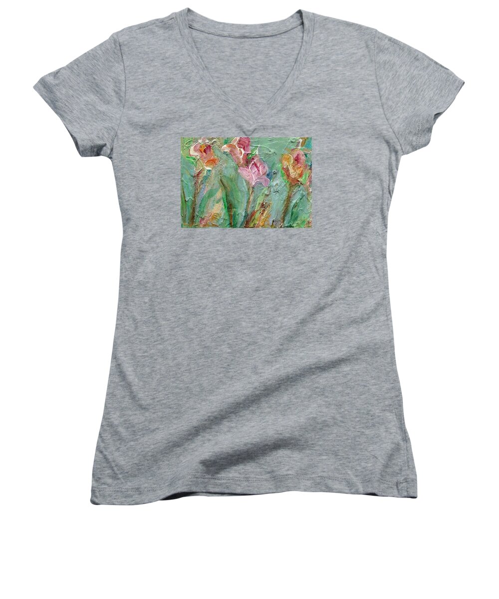 Impressionist Floral Women's V-Neck featuring the painting Grace's Garden by Mary Wolf