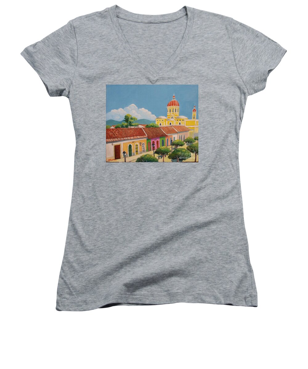 Colonial Women's V-Neck featuring the painting Granada cathedral by Jean Pierre Bergoeing