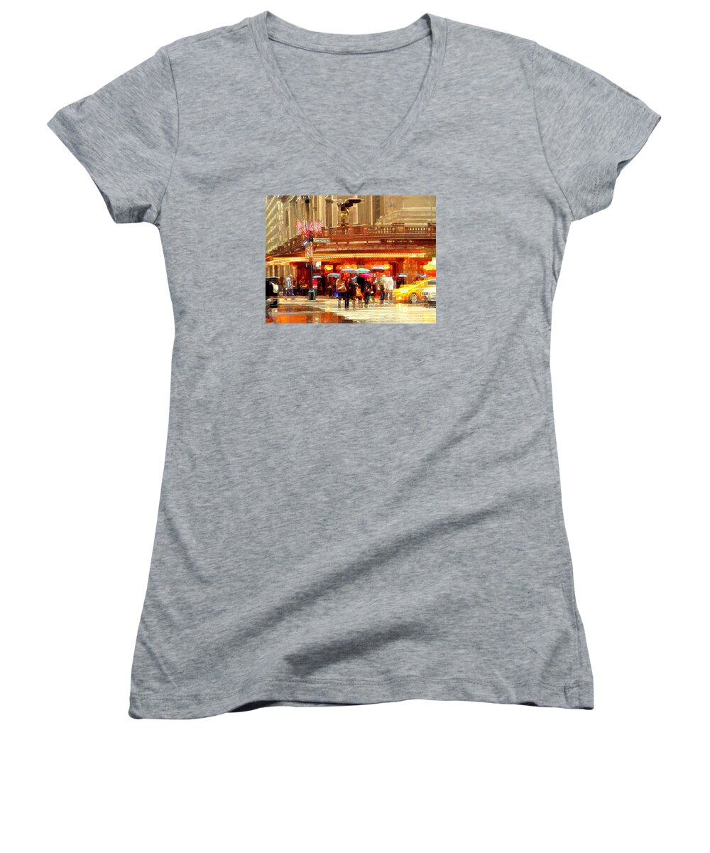 Grand Central Station Women's V-Neck featuring the photograph Grand Central Station in the Rain - New York by Miriam Danar