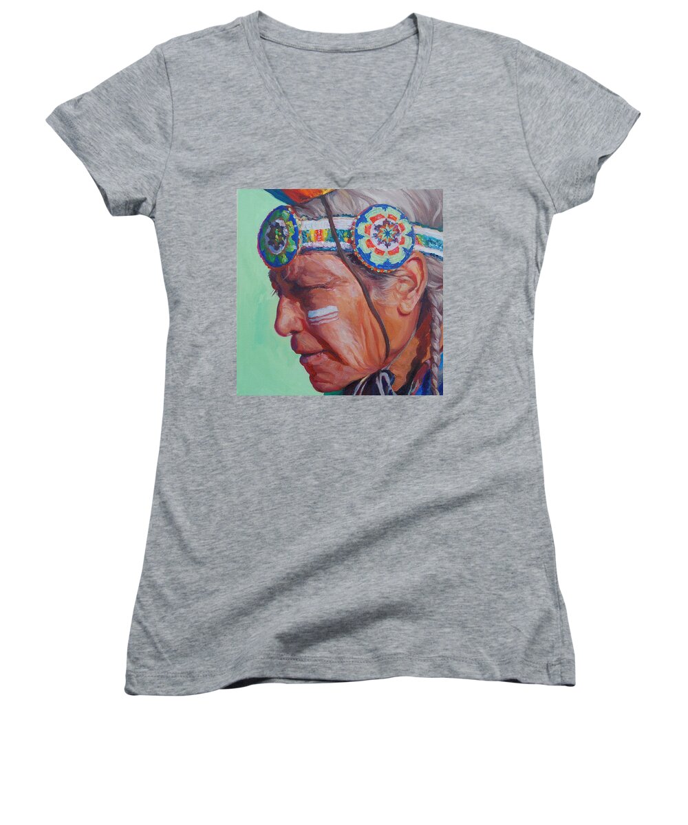 Native American Women's V-Neck featuring the painting Grandfather by Christine Lytwynczuk